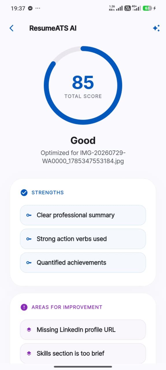 ResumeATS App Screenshot 3: Realtime ATS Scoring dashboard